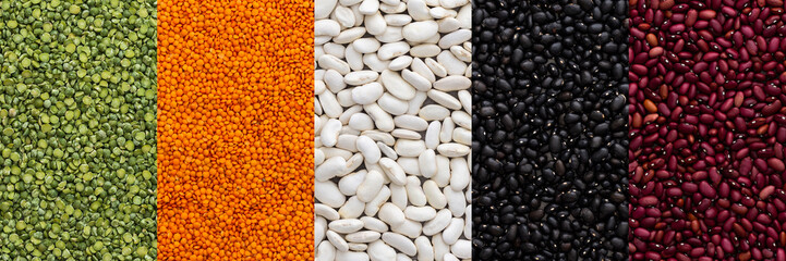 Different types of legumes banner, lentils and green peas, red, white and black beans, top view
