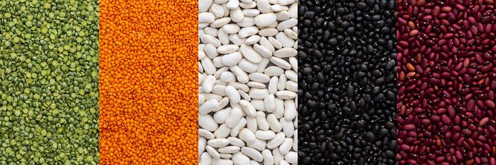 Different types of legumes banner, lentils and green peas, red, white and black beans, top view