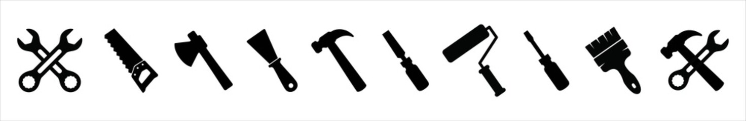 Tools icon set. House and construction tool vector illustration. Carpenter and painting work instrument symbol like wrench, spanner, handsaw, axes, paint roller, hammer, cape and paint brush.