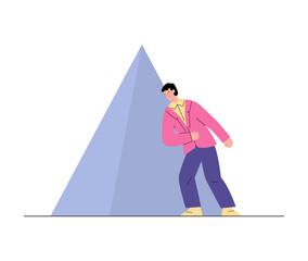 Fototapeta premium Man in pink jacket pushes with his shoulder huge triangular stone flat style