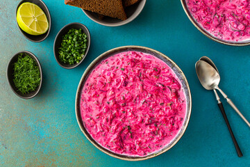 Cold soup svekolnik, Borscht or Chlodnik , soup made from boiled beets, potatoes and fresh vegetables