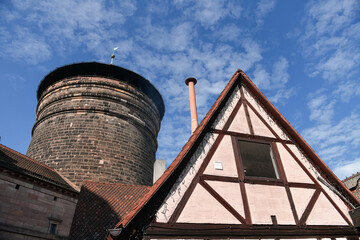 Historical buildings with Bavarian architecture style inside the City Walls of Nuremberg. Landmarks...