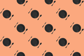 pattern. kitchen utensils on a pastel red orang background. fork, spoon, plate. Template for surface application. Flat lay. Horizontal image. 3D image. 3D rendering.