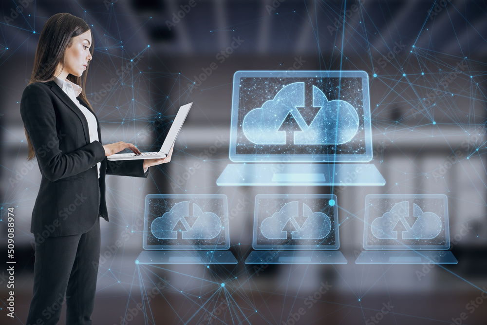 Poster businesswoman with notebook and abstract polygonal digital laptop with cloud computing hologram on blurry interior background. Database and information concept. Double exposure.