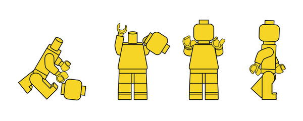 Naklejka premium Vector illustration of yellow lego minifigure without a head. Popular plastic assembly constructor for children. A minifig runs behind a head, holds it in a hand, places on shoulders and goes.
