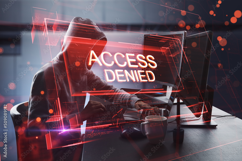 Poster Side view of hacker using computers at desktop with abstract red denied access hologram on blurry office interior background. Connection and crime concept. Double exposure.