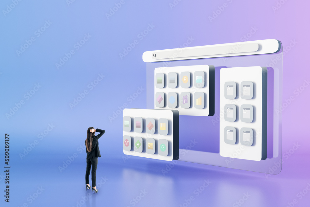 Poster Mobile application and site concept. Thoughtful young businesswoman looking at universal user interface with search bar on blue background with mock up place.