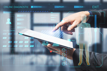 businessman hands pointing at smartphone with creative glowing medical interface hologram on blurry...