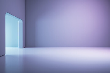 Light purple blank wall with place for your logo or text in empty hall area with glossy floor and sunlight from exit arch. 3D rendering, mockup