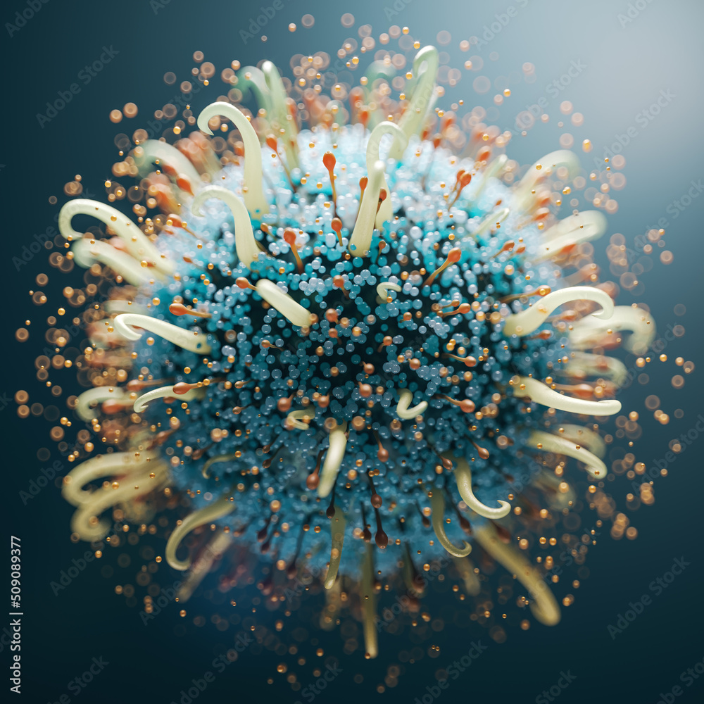 Poster microbilology and virology concept with closeup of abstract blue and light yellow virus cell on dark