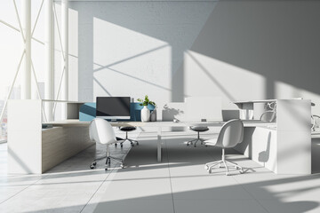 Modern white coworking office interior with shadows, furniture and window with city view. 3D Rendering.
