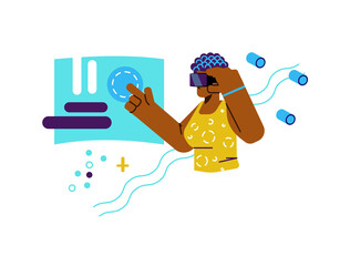 Curly woman trying to touch metaverse flat style, vector illustration