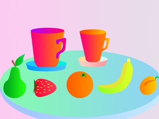 Still life of ripe juicy fruit and mugs of juice lying on the surface of a tray