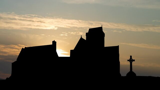 Iona Abbey and St. John's Cross: Time Lapse at Sunrise with Beautiful Sky, Scotland, UK