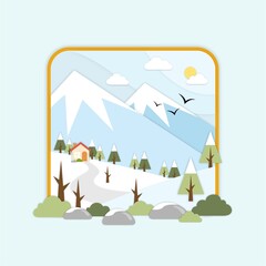 Four Seasons Rural Landscape Illustration with Trees, Rocks, Flowers, Mountain