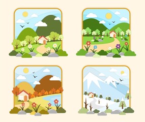 Four Seasons Rural Landscape Illustration with Trees, Rocks, Flowers, Mountain