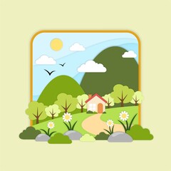 Four Seasons Rural Landscape Illustration with Trees, Rocks, Flowers, Mountain