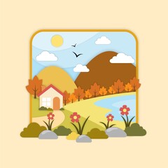 Four Seasons Rural Landscape Illustration with Trees, Rocks, Flowers, Mountain