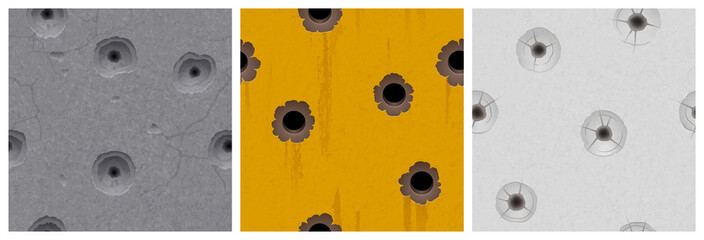 Wall textures with bullet holes of gun shots. Vector grunge seamless patterns of metal with orange paint, stone and concrete wall with bulletholes, orifices of gunshots