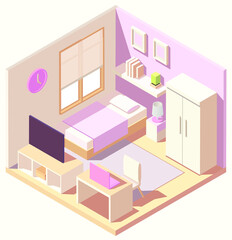 isometric pink Modern bedroom interior vector illustration