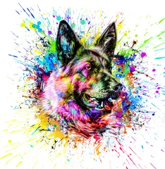 Tuinposter colorful artistic dog muzzle with bright paint splatters on white background. © reznik_val