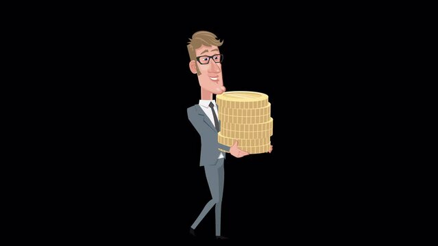 Cartoon elegant businessman character walking with stack of gold coins animation with alpha channel