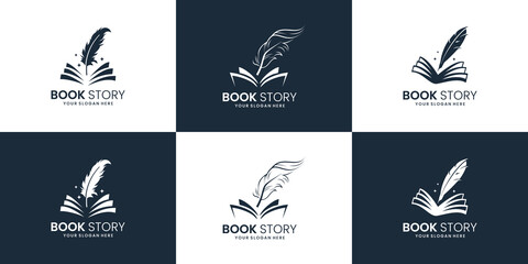 set of book story feather logo design inspiration. note and quill logo design collection. - obrazy, fototapety, plakaty