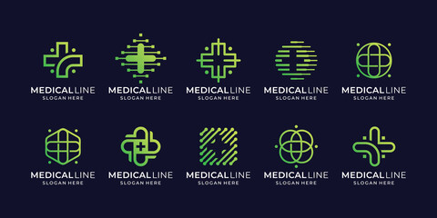 Fototapeta na wymiar medical line logo design. cross health, pulse logo, medical line art style.