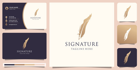 signature pen logo inspiration with premium business card. luxury classic quill feather - obrazy, fototapety, plakaty