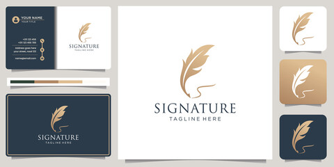 gold quill signature lines logo template. elegant feather pen with business card design inspiration.