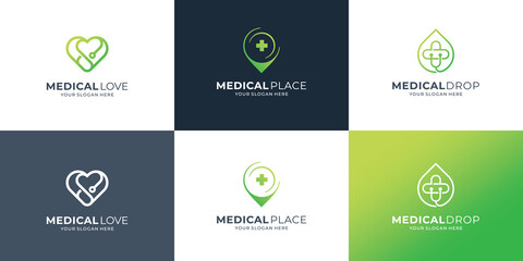 set of creative medical logo template.medical love, location, drop. medical logo branding modern set