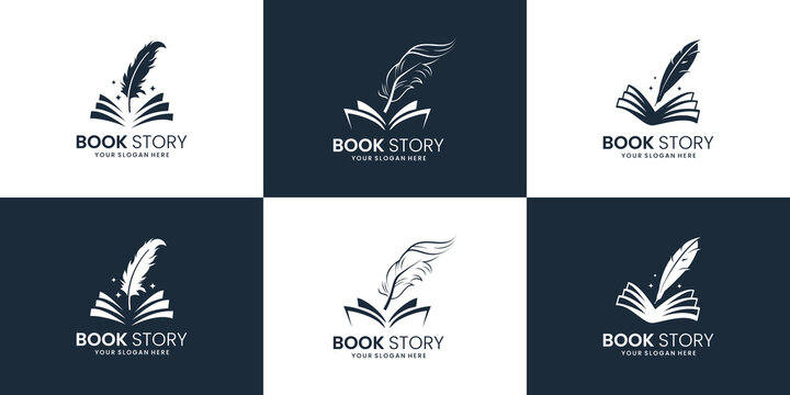 set of book story feather logo design inspiration. note and quill logo design collection.