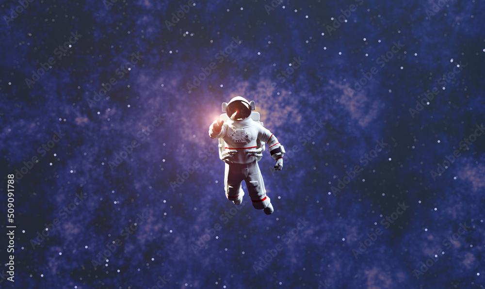 Poster astronaut spacewalk in space and touching orb of light.