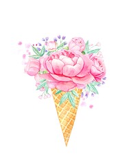 Bouquet of peonies in a waffle cup, watercolor illustration