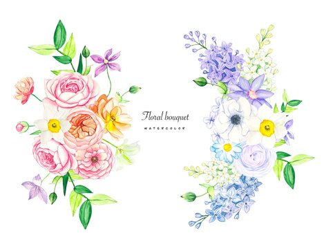 Watercolor bouquets of  summer flowers,perfect for greeting cards,wedding invitation.