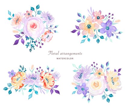 Floral arrangements of bright  flowers and leaves. watercolor illustration