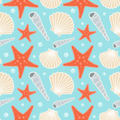 Seamless pattern of starfish and seashells. Marine background with shells. Vector illustration.