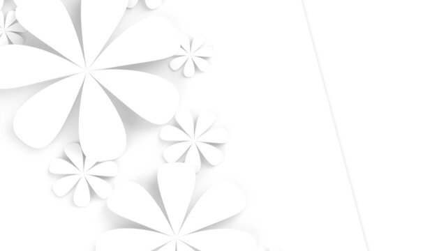 White background with white paper flowers. Concept image of happy Invitation and reception sign. 3D high quality high-key rendering. 3D illustration. High resolution.