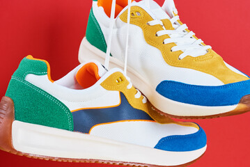 Flying trendy sneakers on creative colorful background, Stylish fashionable minimalism concept,...