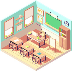 isometric lovely empty classroom interior, school or college class