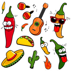 Mexican collection with cartoon chili pepper characters. Vector illustration