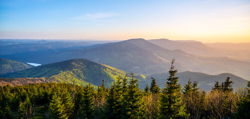 Panoramic sunset view of Beskid Mountains