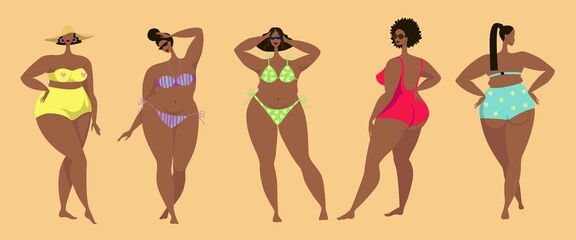 Beautiful plump girls. African American women in swimming suits. Body positive. Plus size female body. Flat vector illustration. - 509093786