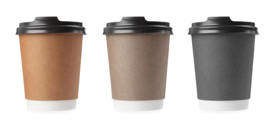 Set with paper coffee cups with lids on white background. Banner design