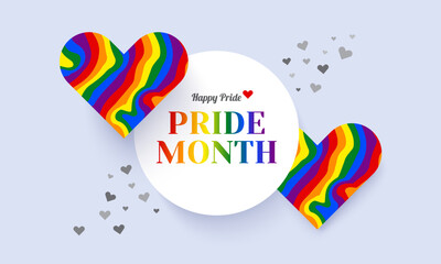 Happy pride month - rainbow pride ribbon roll heart shape with hands raised and on black background vector design