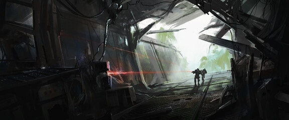 Two soldiers enter an unidentified spaceship that fell in the jungle, 3D illustration. - obrazy, fototapety, plakaty
