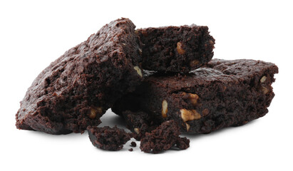Delicious chocolate brownies with nuts on white background