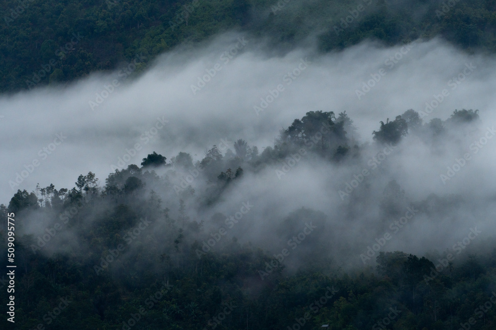 Wall mural thick clouds between a row of tropical forest hills in Sumatra.