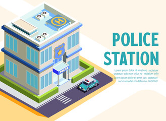 police staion building isometric landing page illustration