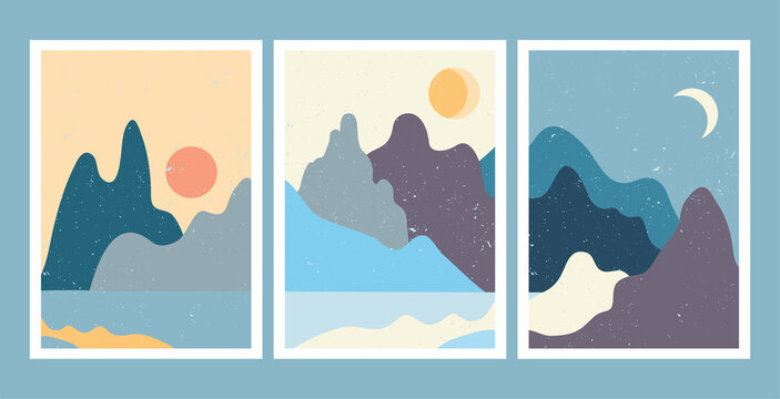 Modern Boho landscape depicting dawn, day, and dusk in blue and yellow hues. This winter snowy scenery is presented in a triptych.